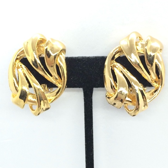3/$30 VINTAGE 80S 90S GOLD TONE CLIP ON EARRINGS ABSTRACT TWIST OVAL RUNWAY - Picture 1 of 11